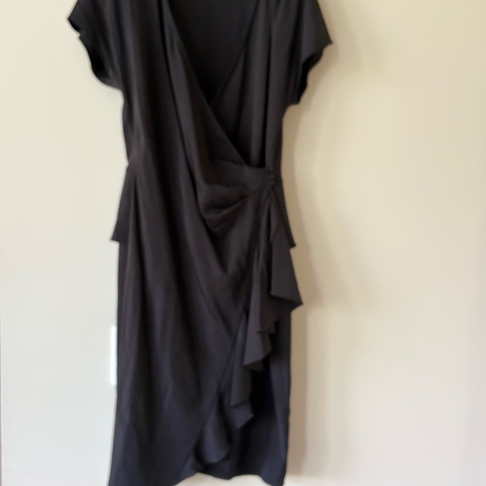 Lafayette 148 Silk Little Black Dress Size 10 Wrap Style with Ruffles Side Pleat